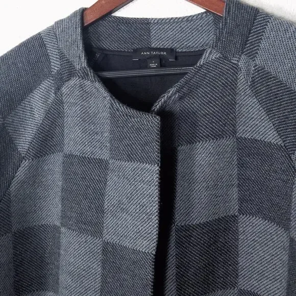 EILEEN FISHER Women’s Coat Gray Check Jacquard Open Front Wool Blend Pockets M - Picture 3 of 12